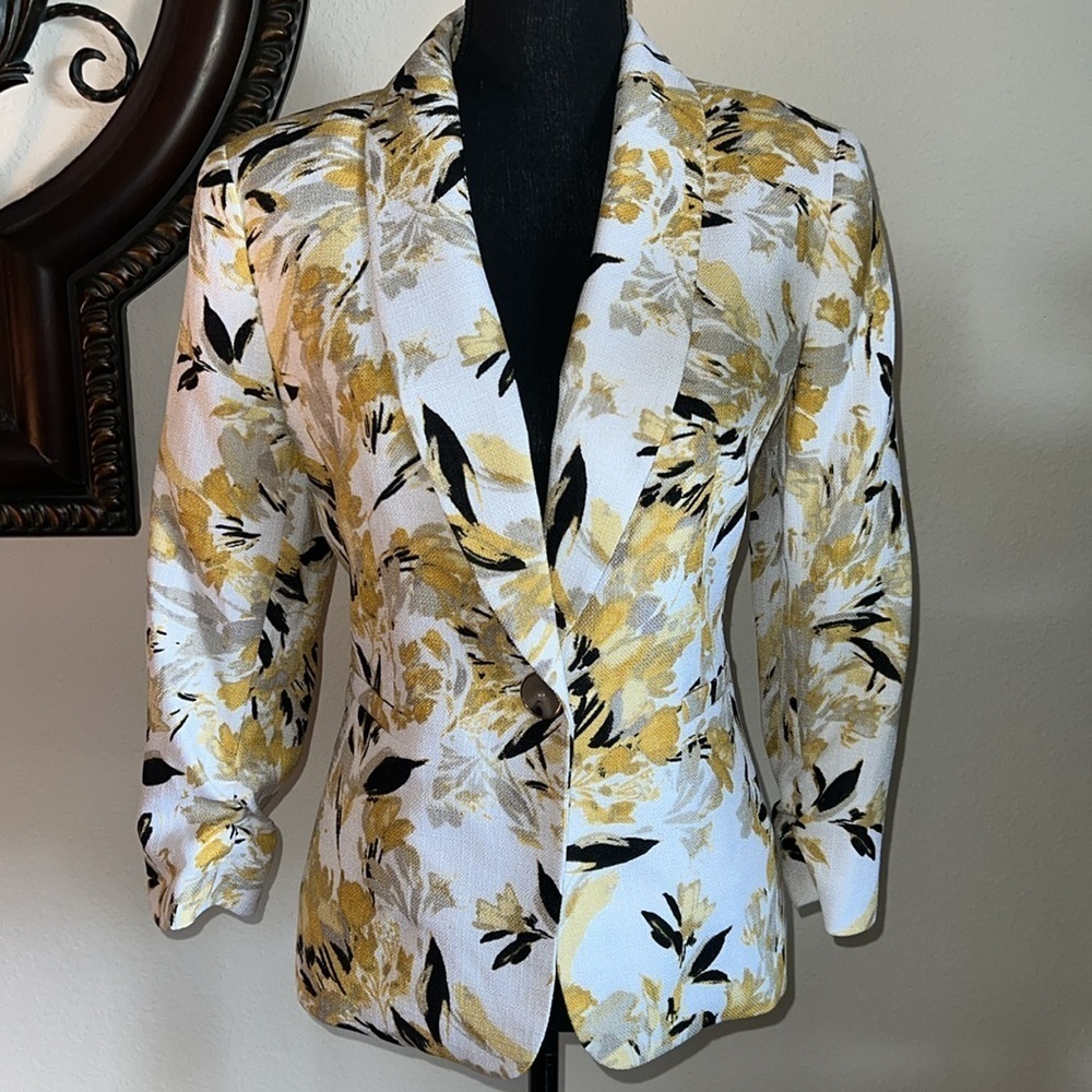 KASPER Women’s Botanical Floral Printed Shawl Collar Jacket Roughed Sleeves 8